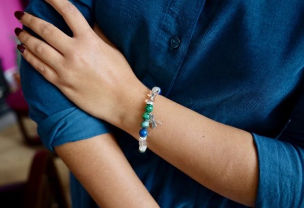 Bracelet Chrysocolle et Cristal, charm libellule