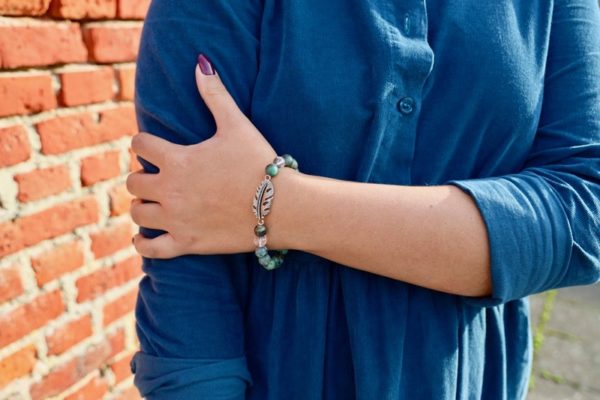 Bracelet Turquoises et Quartz clair, plume